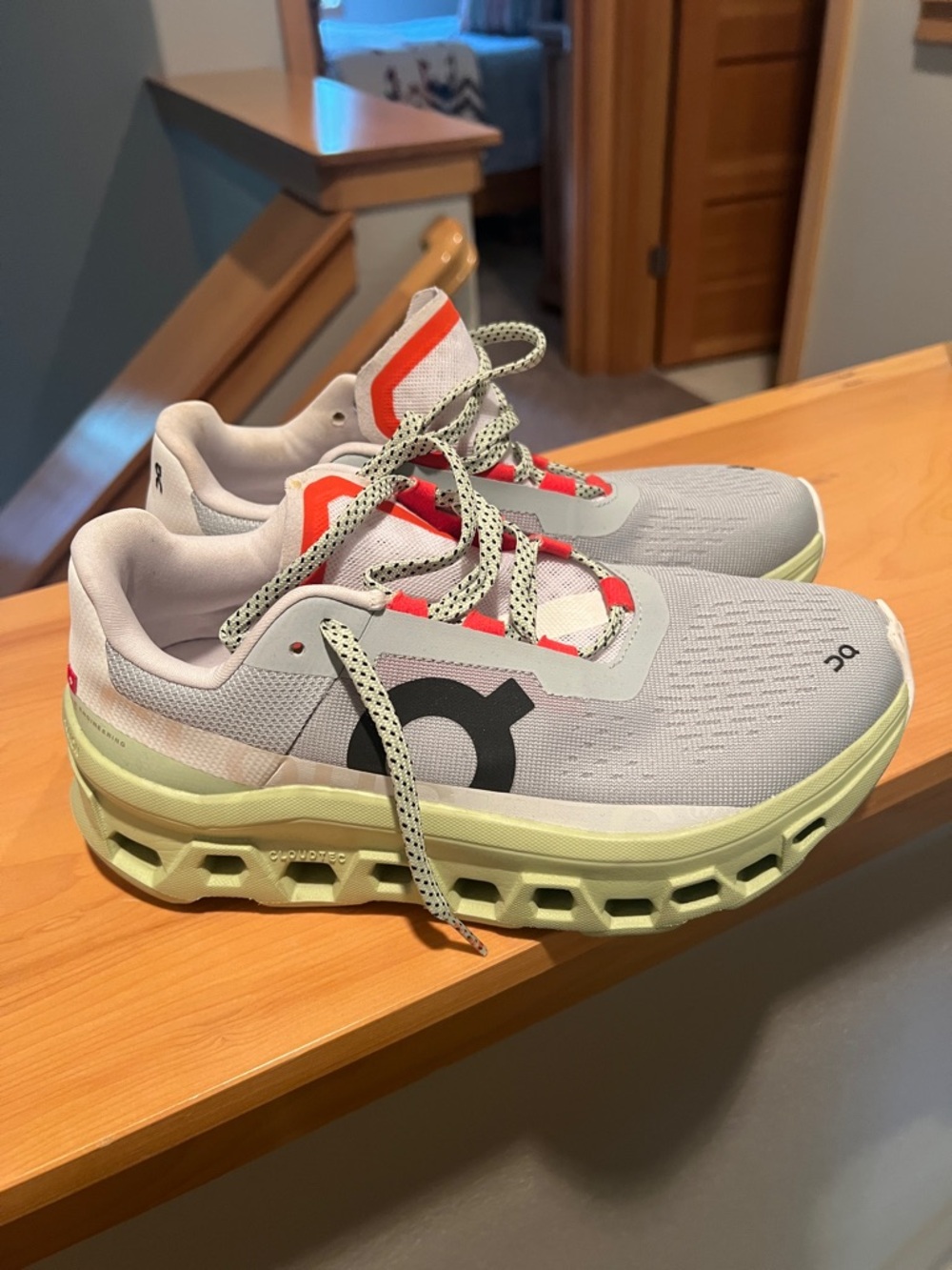 Women’s On Running Gray & Light Green Sneakers with Coral Accents